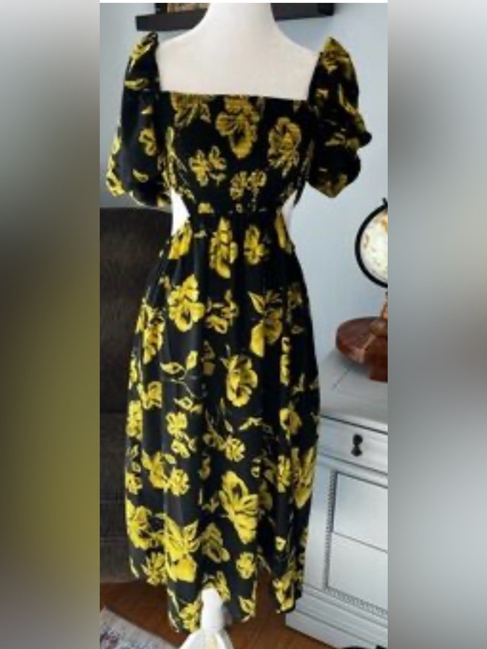 Blush Black Maxi Dress with Yellow Floral Print